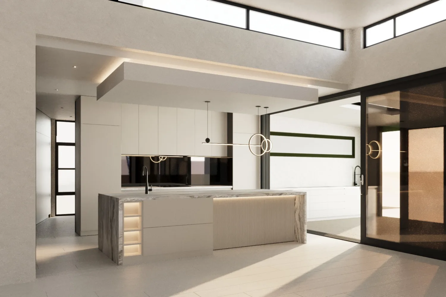 Open plan kitchen and living space with a stone island, clerestory glazing and sightlines through the home