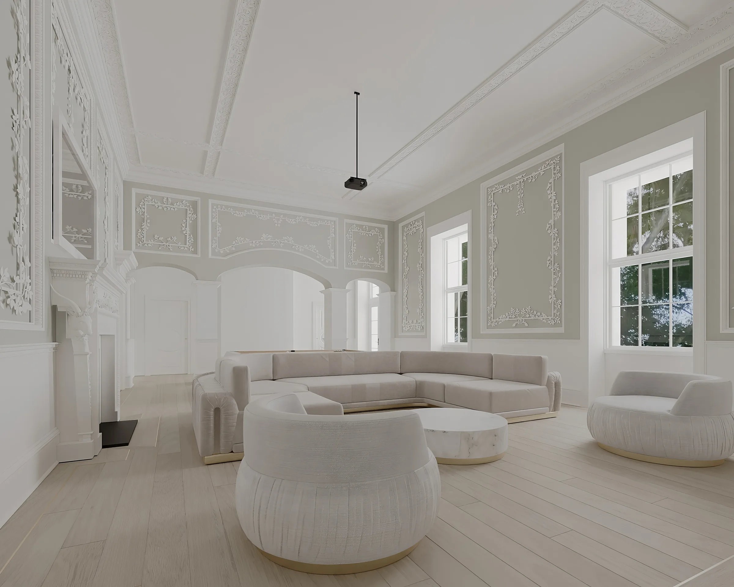 Light-filled living room with curved ivory seating, pale oak floors and a round marble coffee table