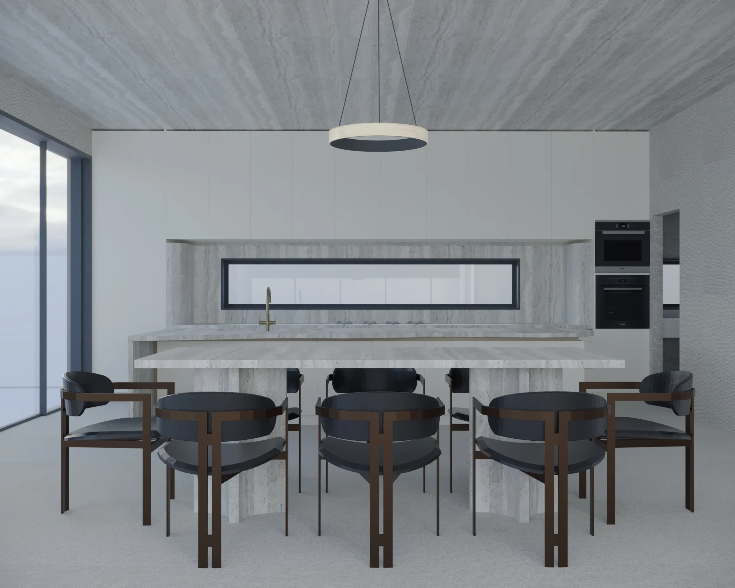 Open kitchen and dining area with a veined stone ceiling, pale island, dark chairs and a circular pendant