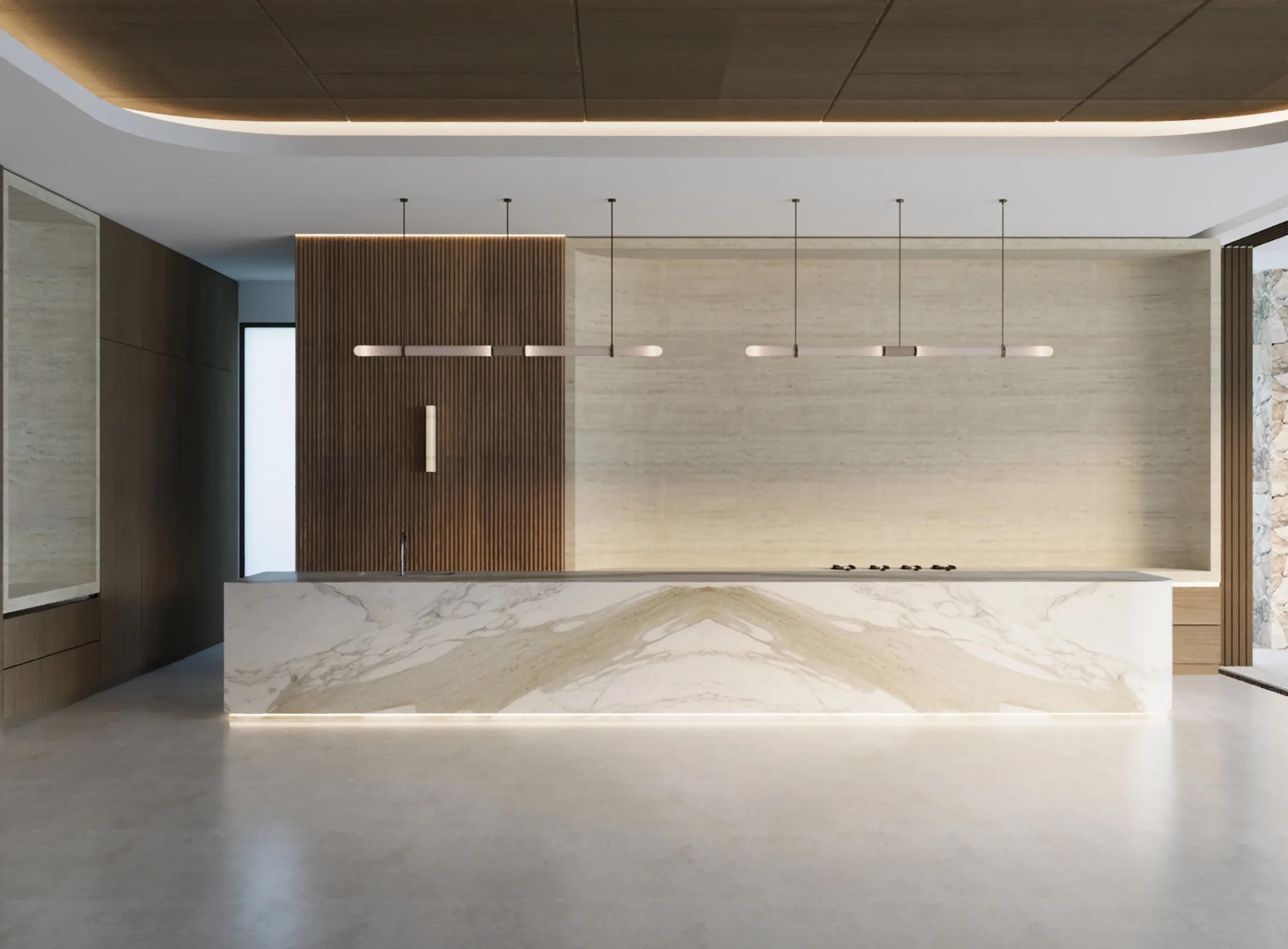 Minimalist kitchen with a bookmatched marble island, ribbed dark timber wall and slim linear pendant lights