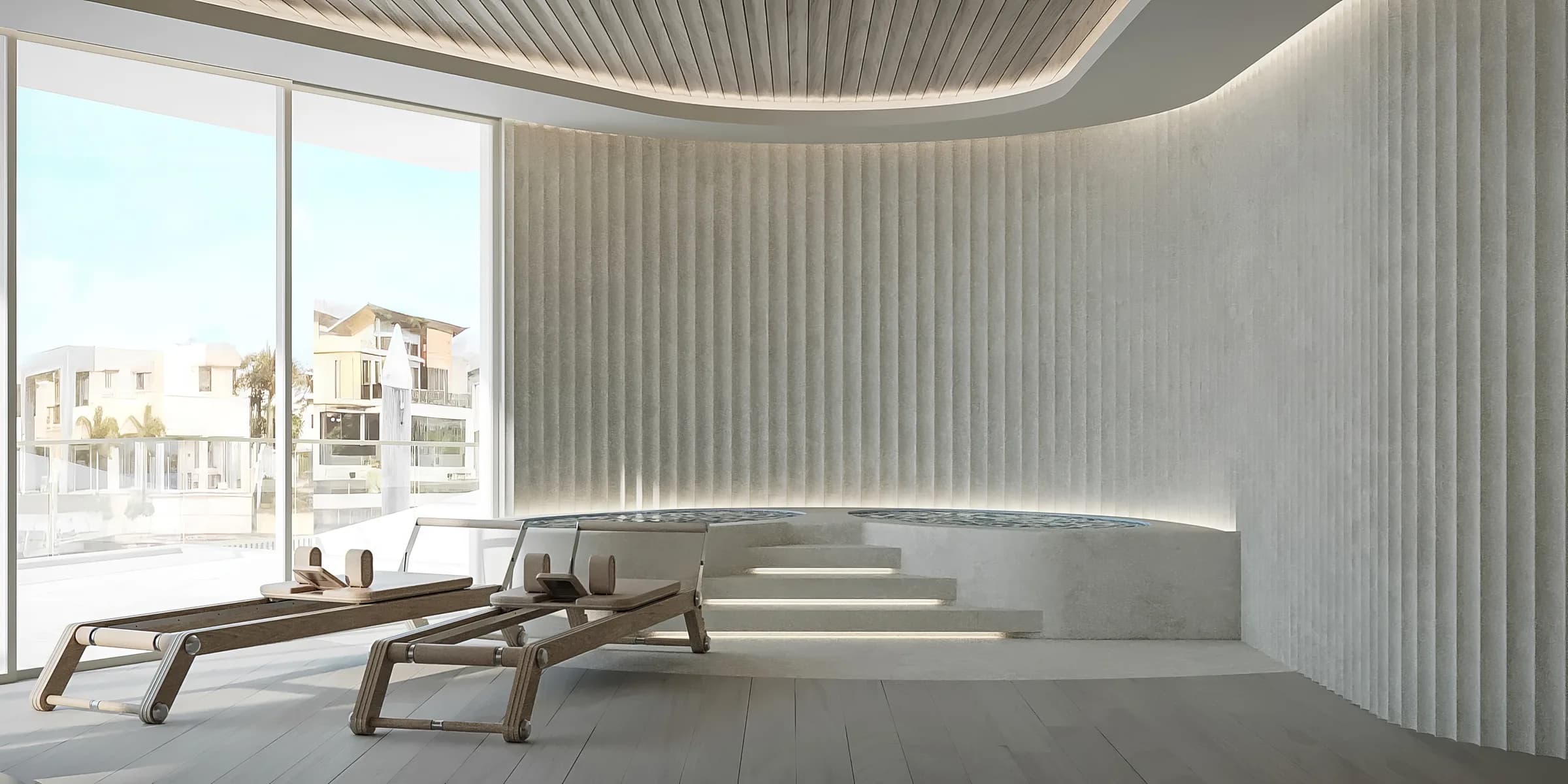 Wide waterfront interior visualisation with pale stone, curved forms and expansive glazing in Sovereign Islands III.
