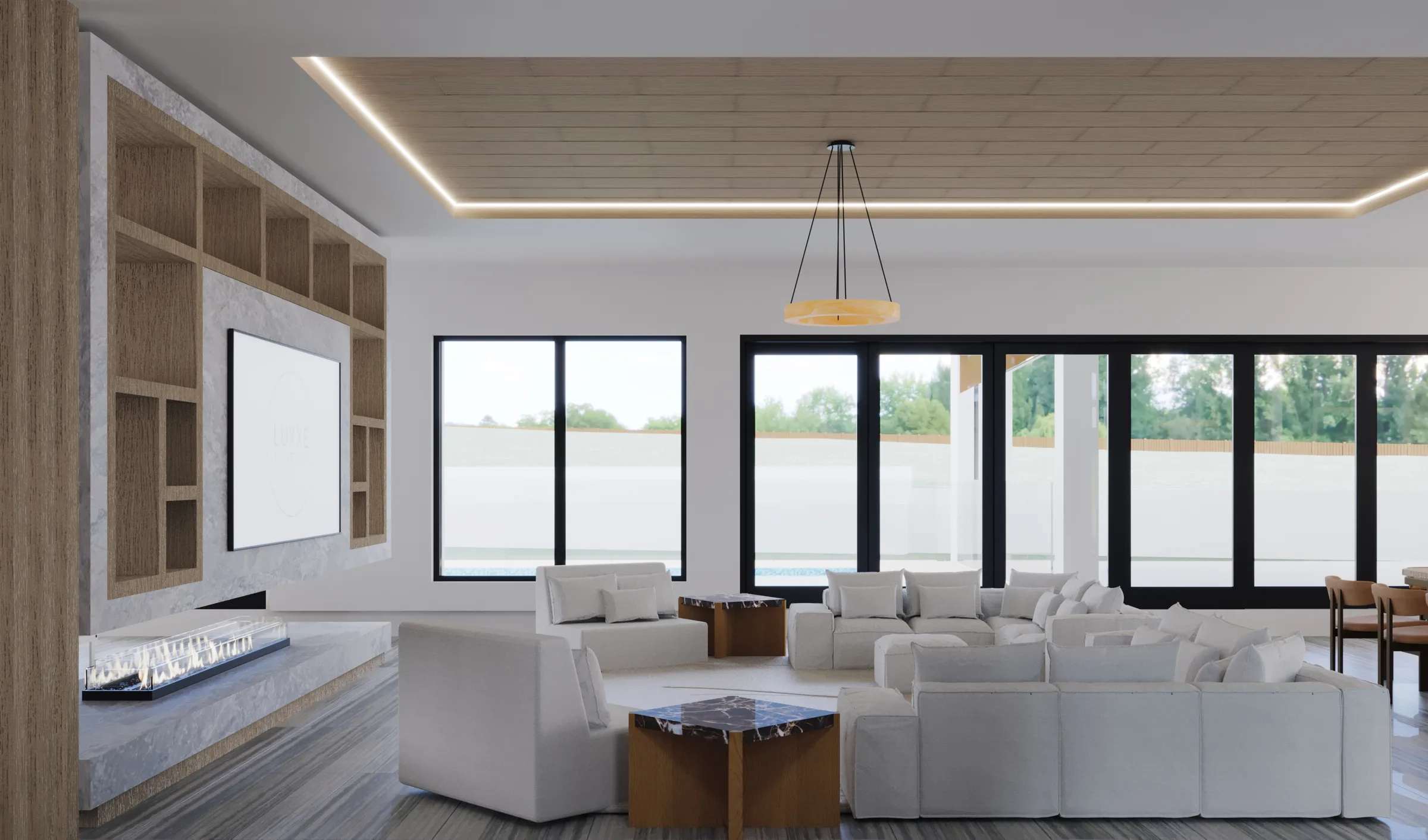 Open-plan living room with white modular sofas, a timber-lined ceiling and a stone fireplace framed by shelving